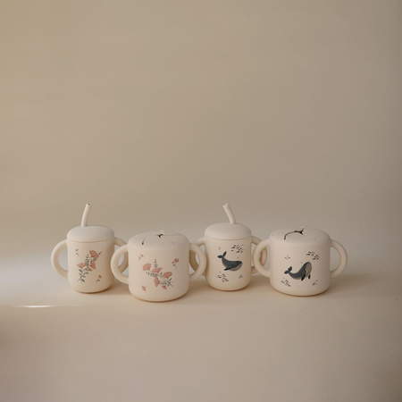 Mushie Silikonowy Kubek ze Słomką Pink Flowers