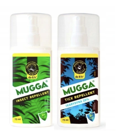 Zestaw MUGGA spray DEET 9,5% +  spray 25% IKARYDYNA na kleszcze komary